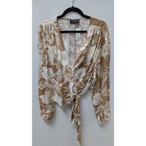 Lane Bryant Light Brown/Ivory Floral Print Wrap Blouse